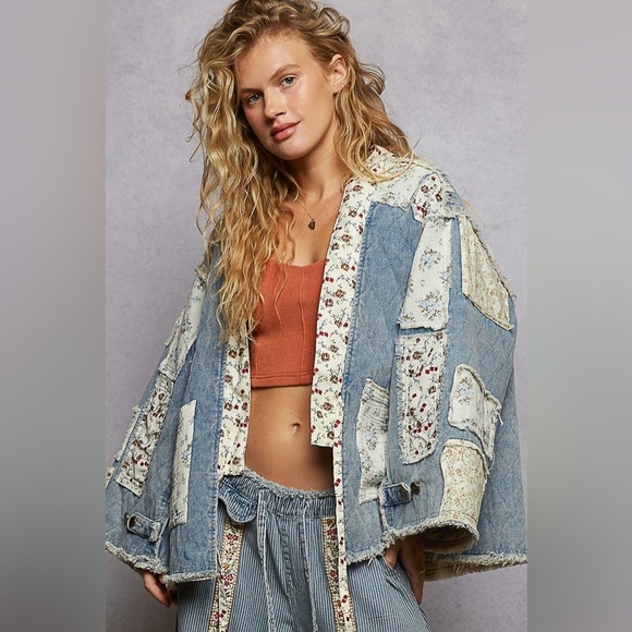 POL Jackets & Blazers - Patchwork Denim Jacket with Floral Accents